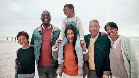 big family, face or happy on beach with love