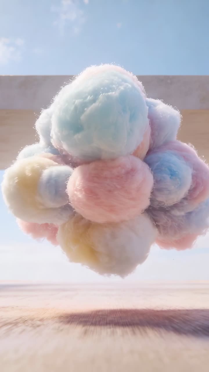 Vertical video: Rotating pastel cluster forming over plain shedding fibers casting shadow near beam