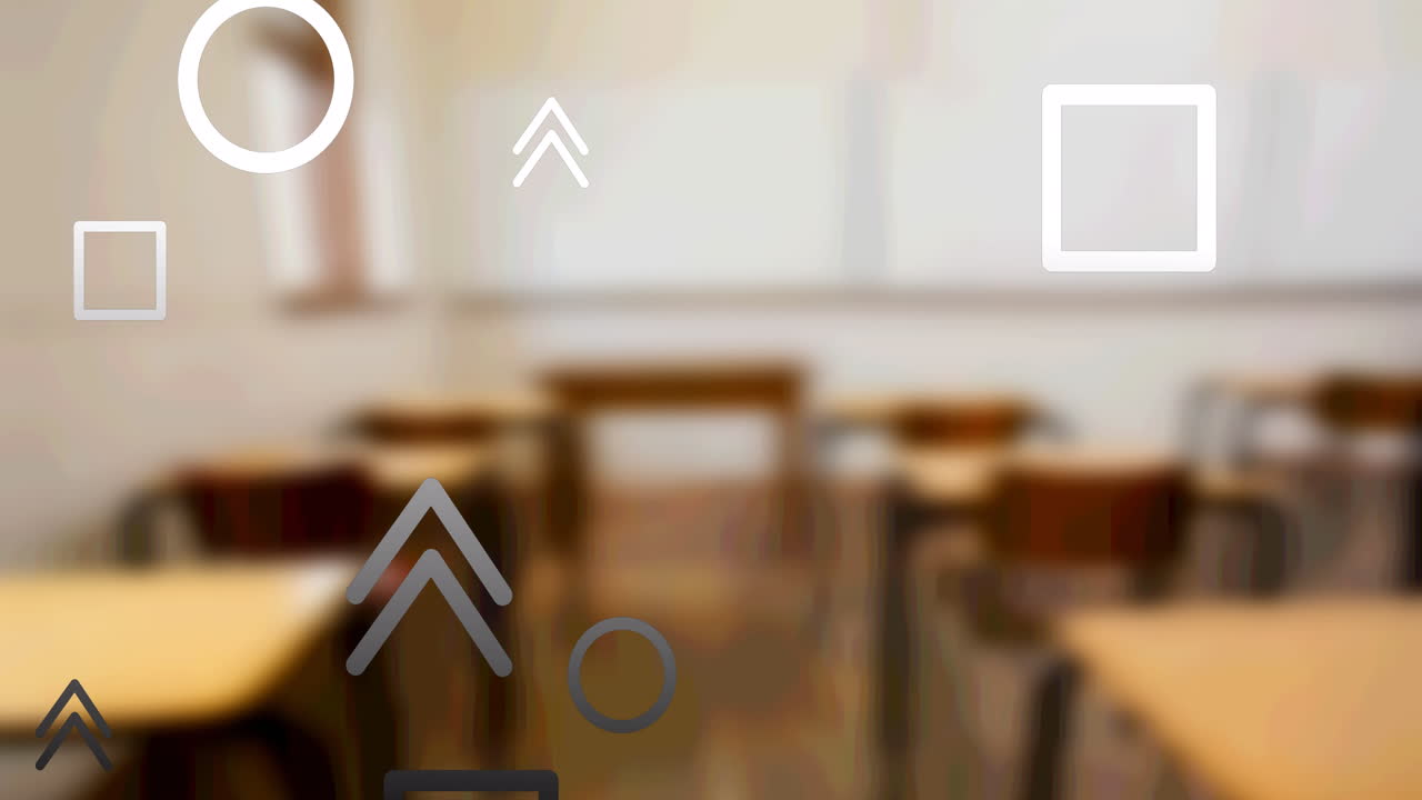 Animazione di forme lineari grigie e bianche che si alzano su sfondo sfocato di aula