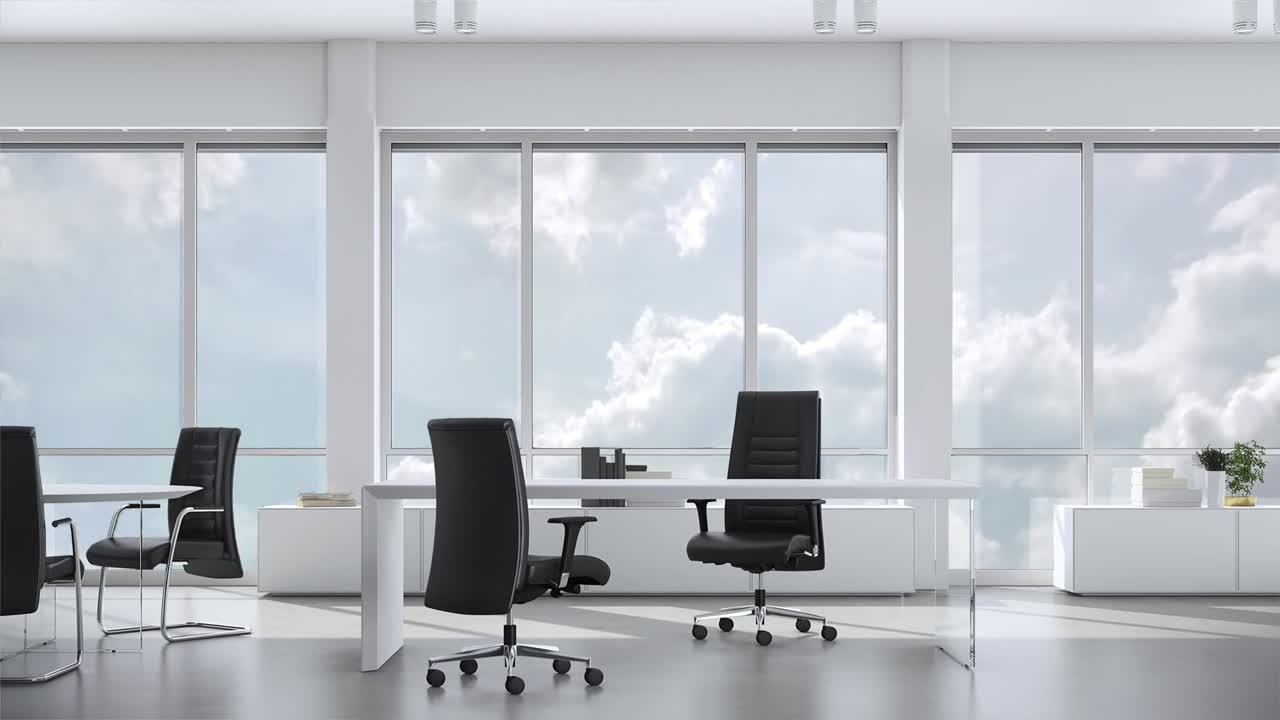 Vista dalla finestra di un ufficio in un grattacielo su cielo nuvoloso. Sfondo di scena, sfondo video chroma key