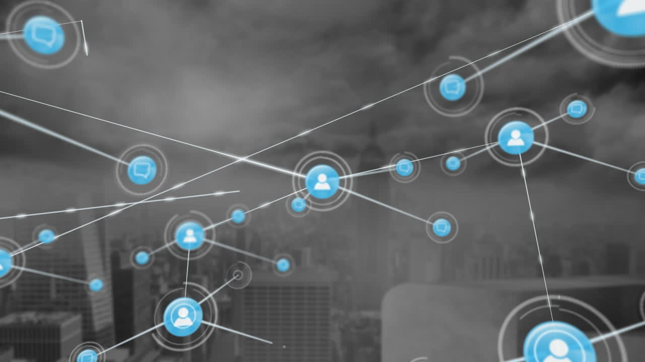 Animation of network of digital icons against aerial view of cityscape