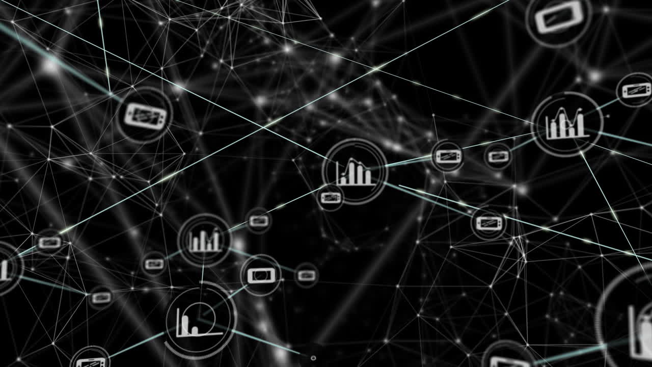 Animation of network of connections with icons over black background