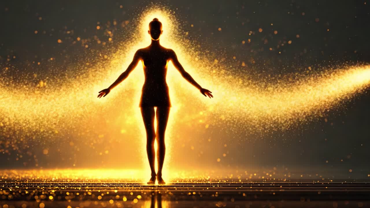 A mesmerizing figure composed of radiant particles emerges through a vibrant cascade of light and energy, embodying the essence of movement and transformation