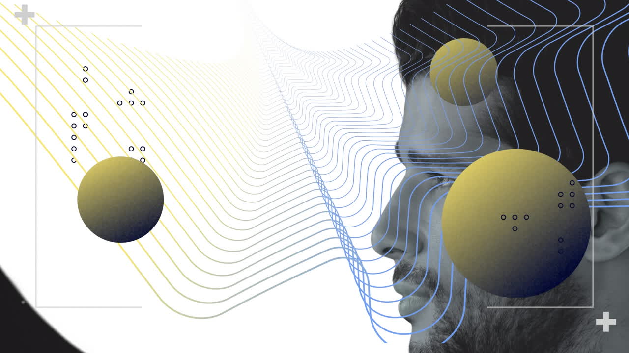 formas abstractas coloridas contra la vista lateral de un hombre contra un fondo blanco