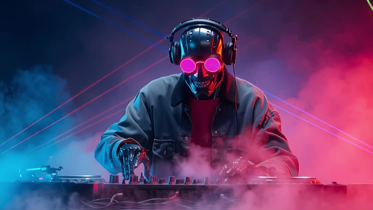 A man in a mask and headphones playing a dj set
