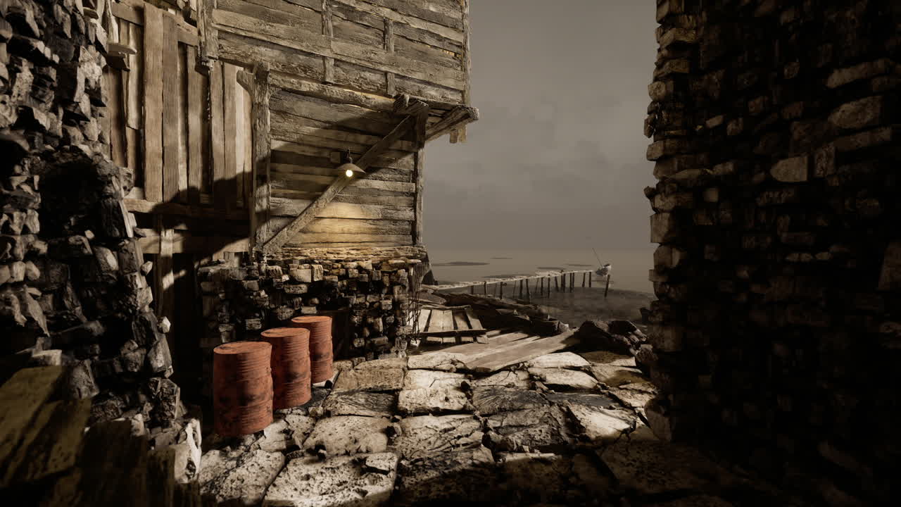 Abandoned seaside structure with weathered wood and stone walls at dusk