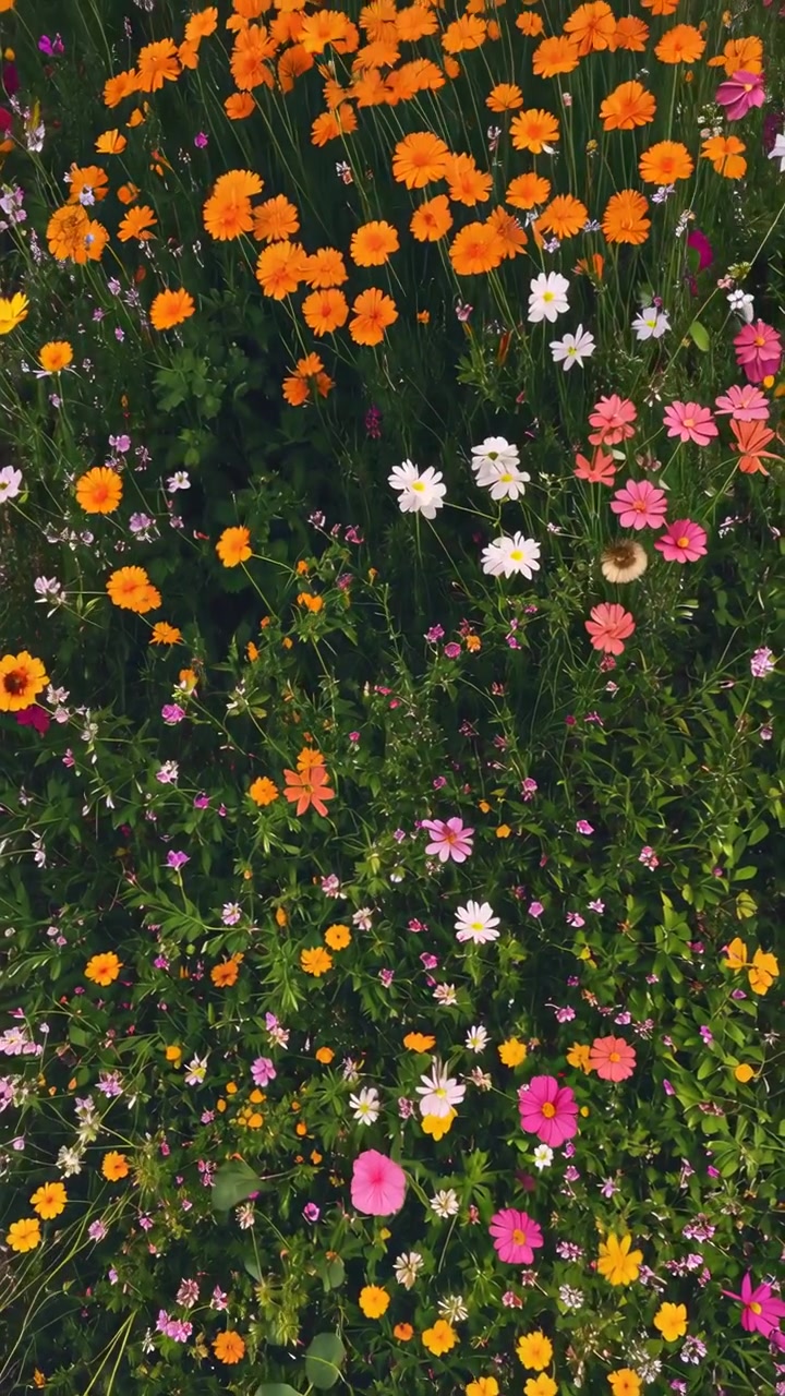 Prato vibrante di fiori selvatici con fioriture arancioni e rosa