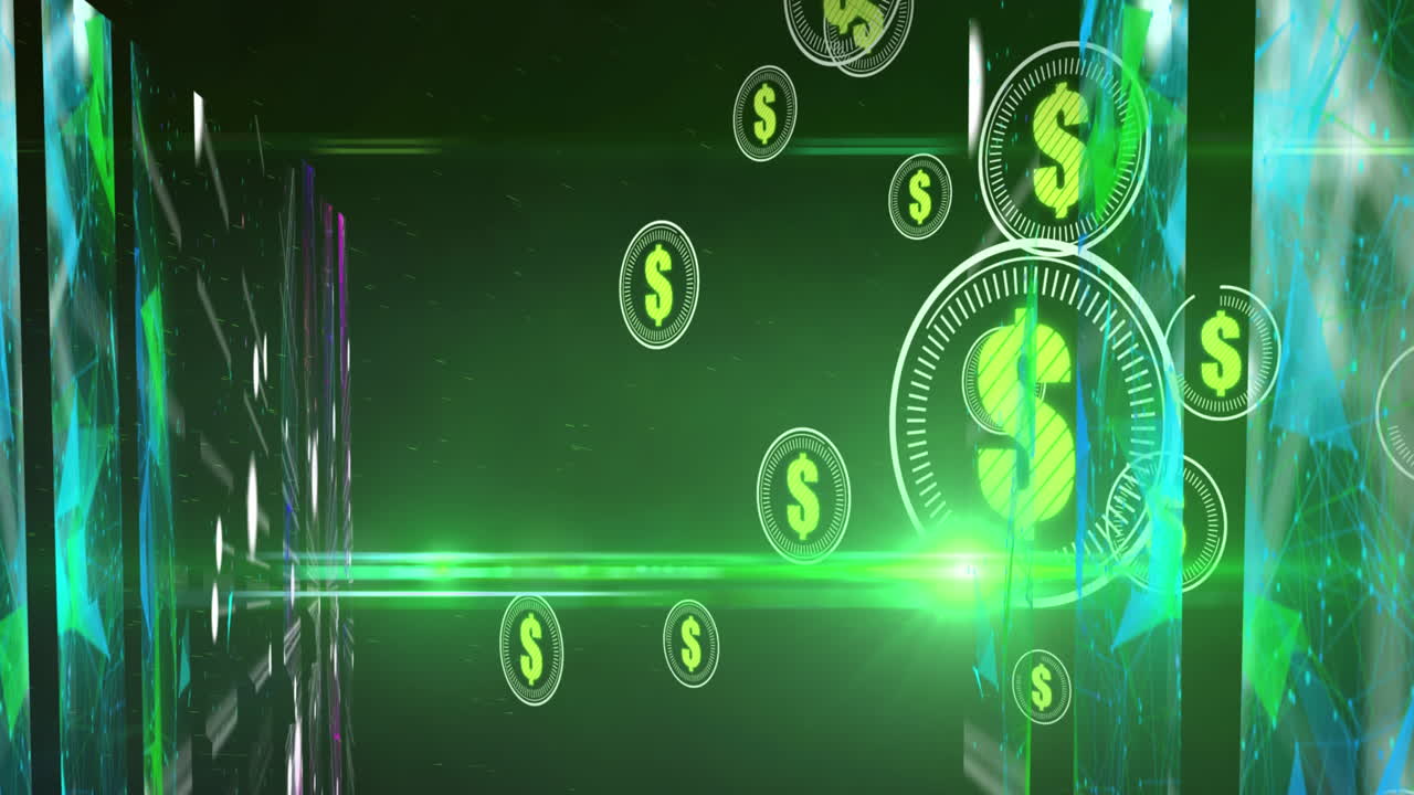 Animação de dólares em círculos sobre formas em fundo verde com luzes