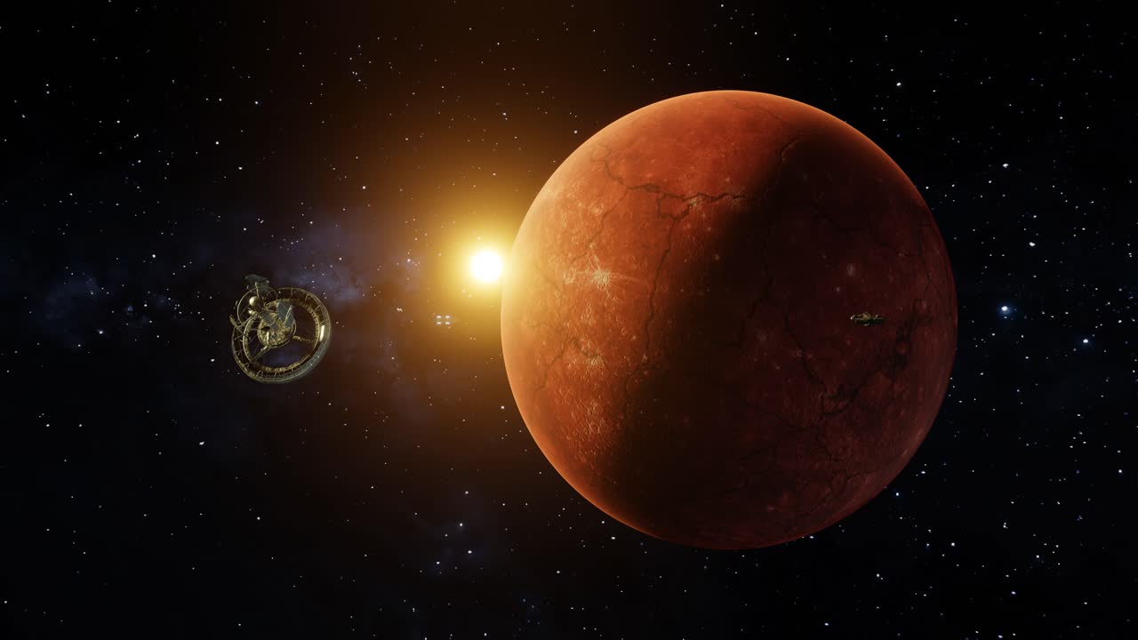 Two large spaceships fly near a space station in orbit around Mercury - CG