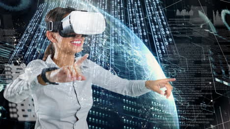 usando auriculares vr, mujer interactuando con datos digitales y animación de código binario