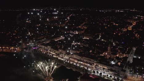 beautiful drone shot. city and attractive fireworks