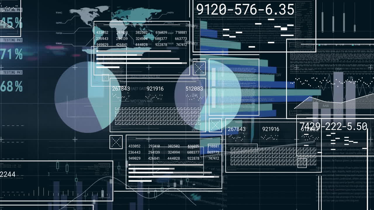 animación de pantallas de interfaz, gráficos y procesamiento de datos sobre fondo negro