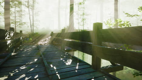 mystical old wooden bridge in the fog