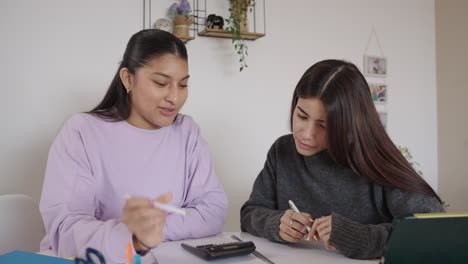 two young women studying together at home