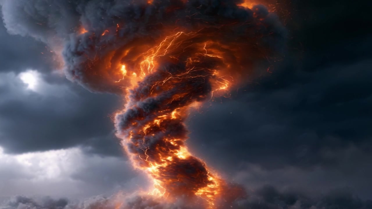 Una vista mozzafiato di un vortice turbinante avvolto dalle fiamme e dall'elettricità, che illustra la potenza grezza della natura in una visualizzazione ipnotizzante di energia tempestosa e furia