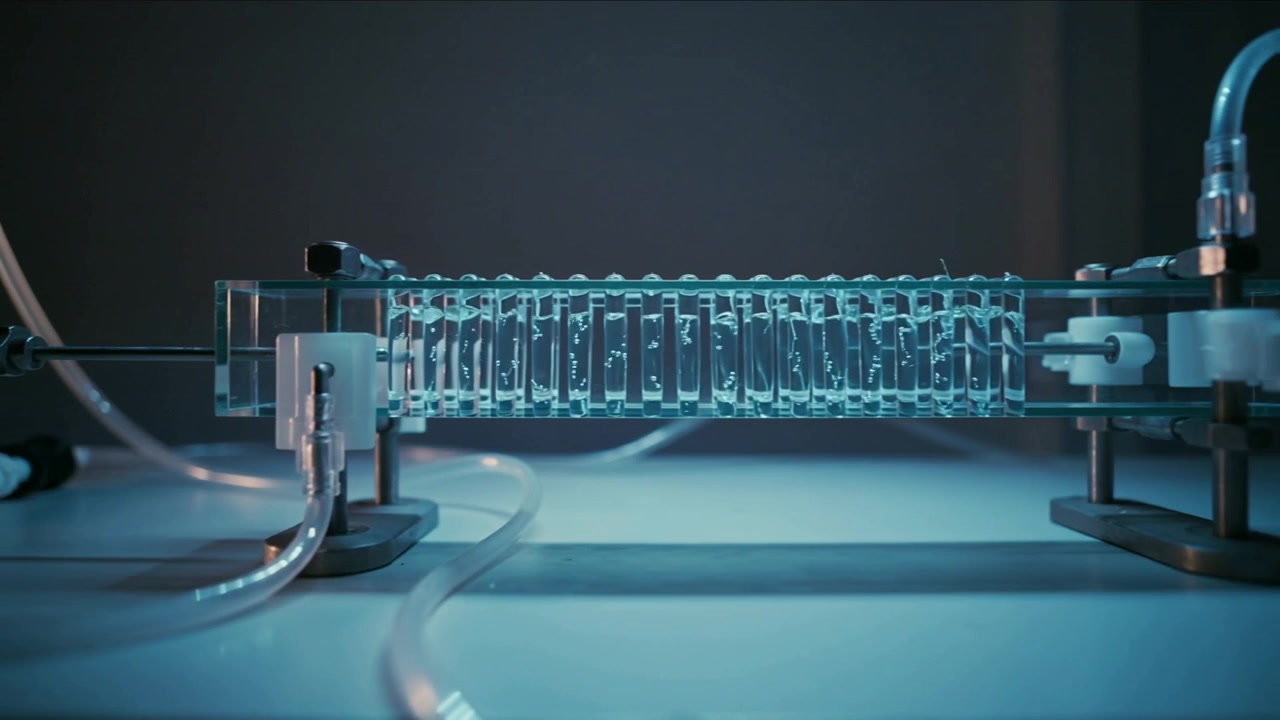 Panning camera shifting view on bench, revealing flow cell tubing, inspecting right rotary coupling