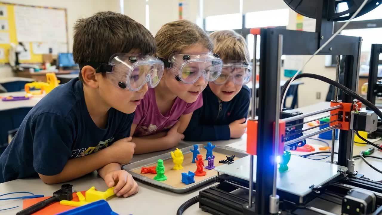 Students learning with a 3D printer in the classroom
