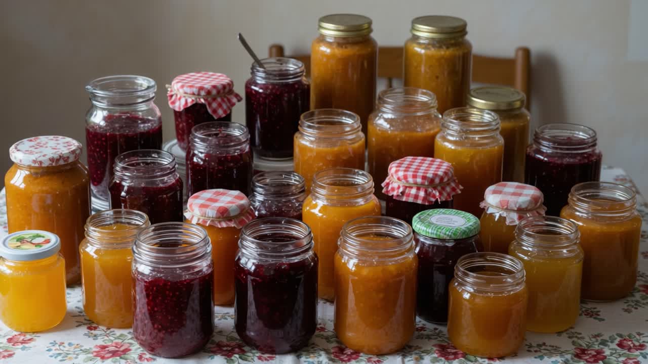 A Beautiful Array of Homemade Jams and Preserves Showcasing a Variety of Colors and Flavors on a Vintage Table, Perfect for Any Kitchen or Pantry