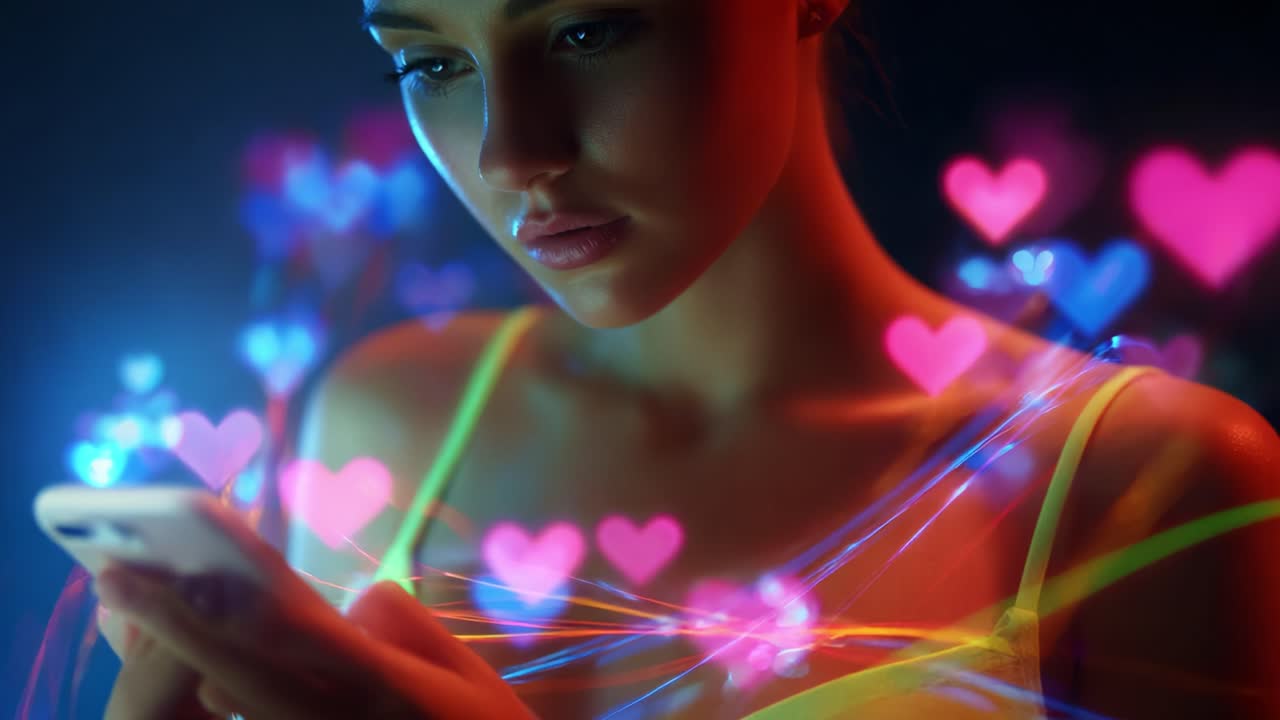 A young woman engrossed in her smartphone, surrounded by colorful heart animations, reflecting themes of love and connection in a visually captivating blend of technology and emotion