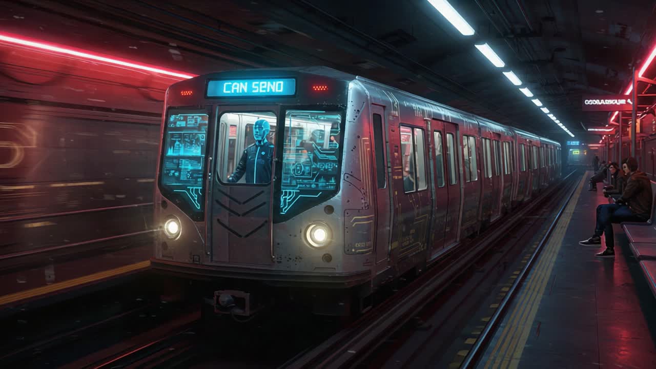 A Modern Subway Train Approaching a Station with Neon Lights and Passengers, Capturing the Intricacies of Urban Transit and Advanced Technology