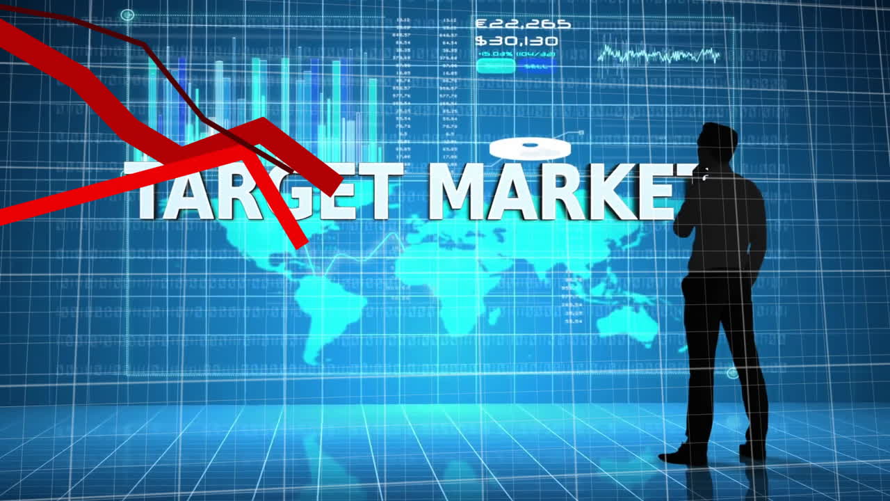 Target market text and declining graph animation over world map and financial data