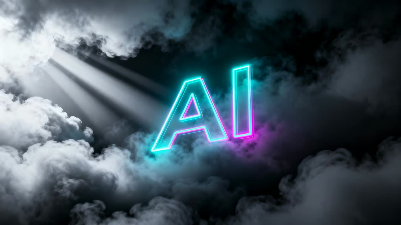 Startbilder som avslöjar neon AI som lyser och skalar i filmiska moln med strålar som ökar dramatiken