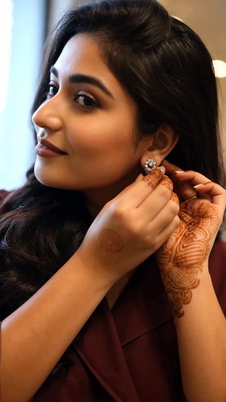Woman putting on an earring with intricate henna designs on her hands