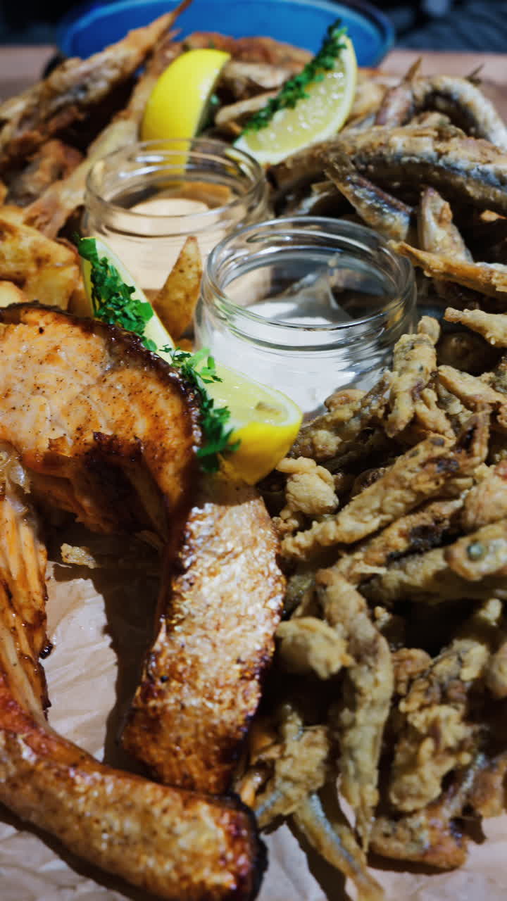 Close up of a Fritto Misto dish with salmon and potatoes at a restaurant. Vertical