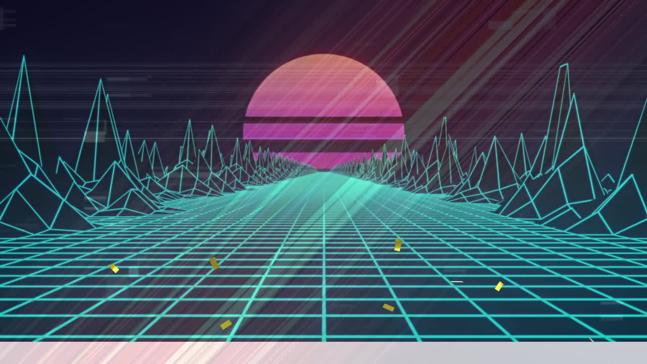 어두운 배경 위에 반이는 네온 기하학적 모양과 풍경의 애니메이션