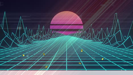animación de formas geométricas de neón brillantes y paisajes sobre un fondo oscuro.