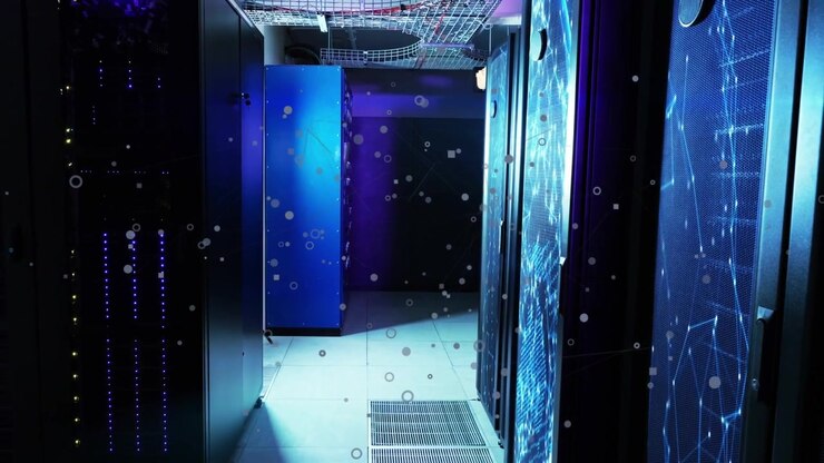 Server aisle particles and pulsing LEDs, panel flashing sending camera forward showing data flow