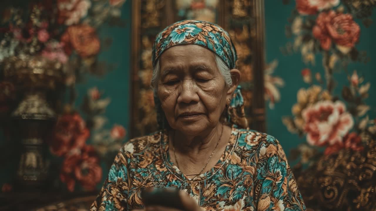 A Reflective Moment: An Elderly Woman Deep in Thought While Engaging with a Mobile Device, Surrounded by Vibrant Floral Patterns and Rich Textures in Her Environment