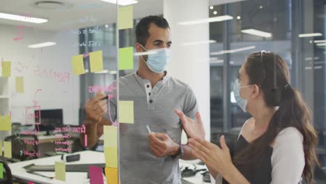 diverse male and female work colleagues wearing face masks brainstorming using glass wall