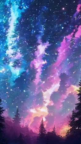 a beautiful purple sky with a few trees in the background. the sky is filled with stars and clouds