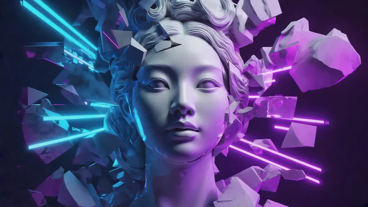 Fractured Statue of a Woman with Neon Lights