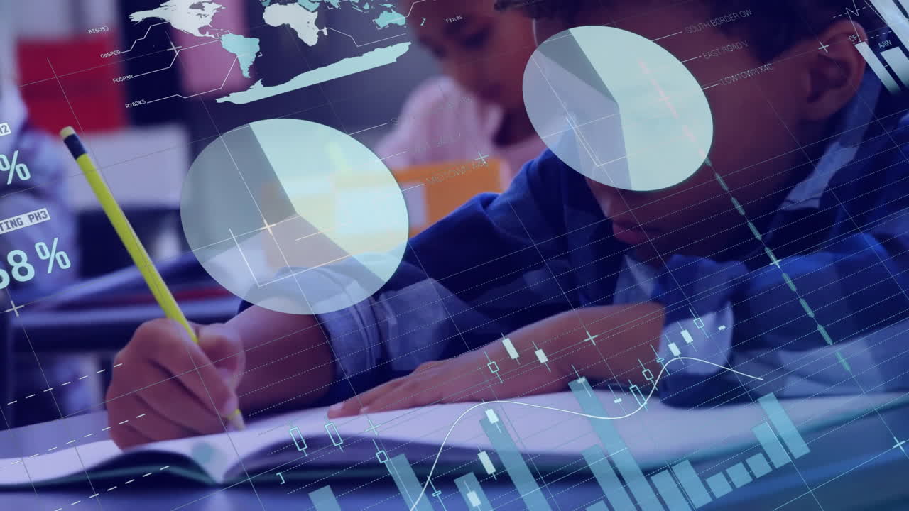 animación de interfaz infográfica multicolor sobre un niño afroamericano escribiendo en un cuaderno