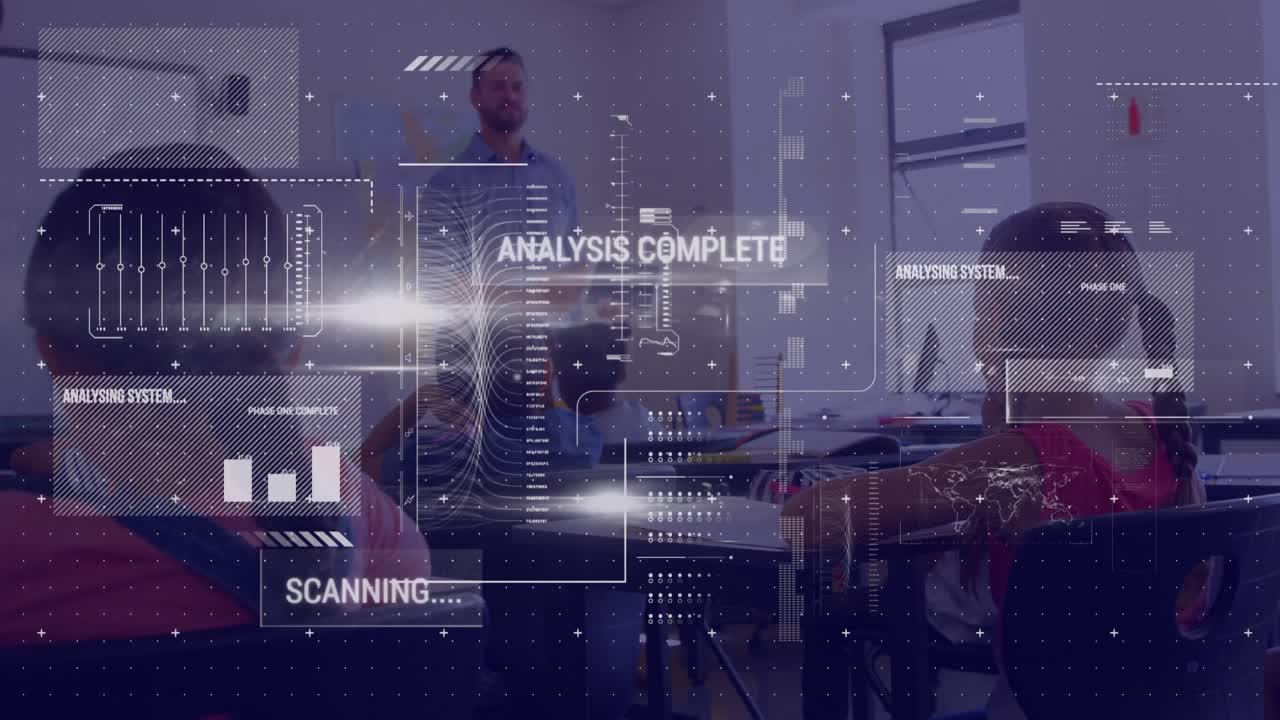 Animation of data processing over caucasian male teacher with diverse schoolchildren in classroom