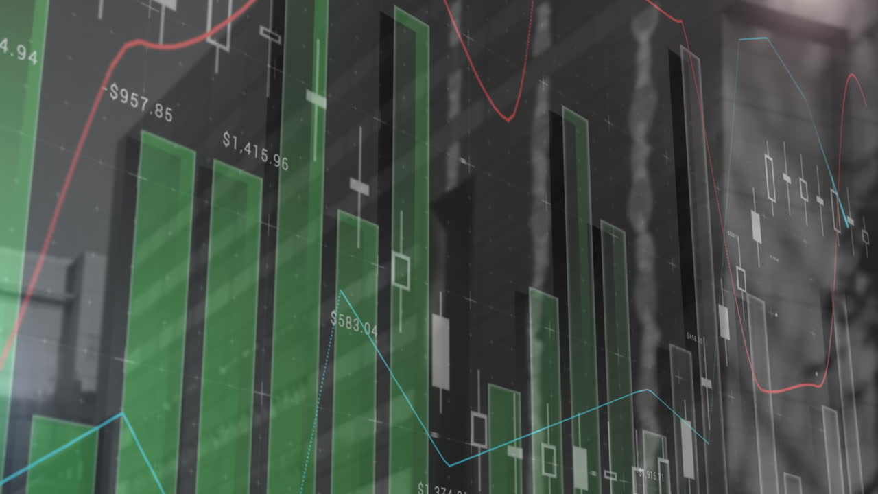 animación del procesamiento de datos estadísticos frente a la vista de un edificio alto