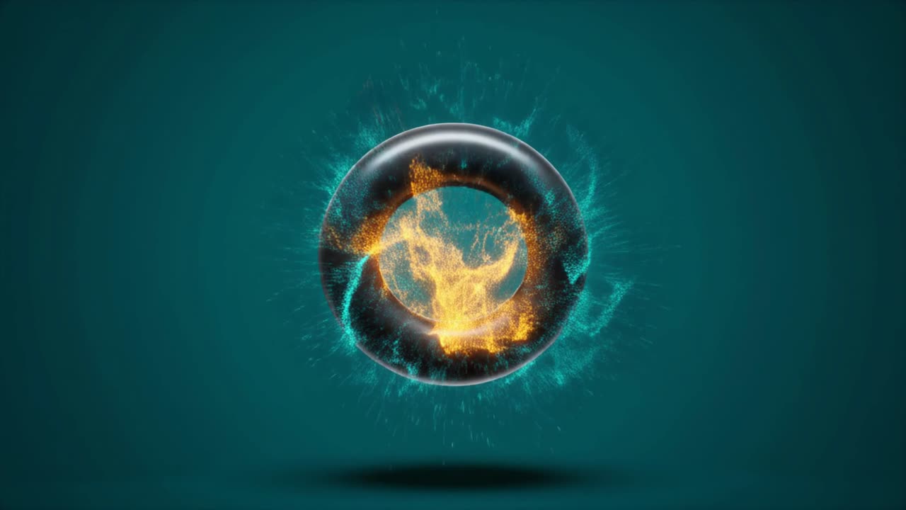 Black Torus with Bursting Yellow and Teal Particles