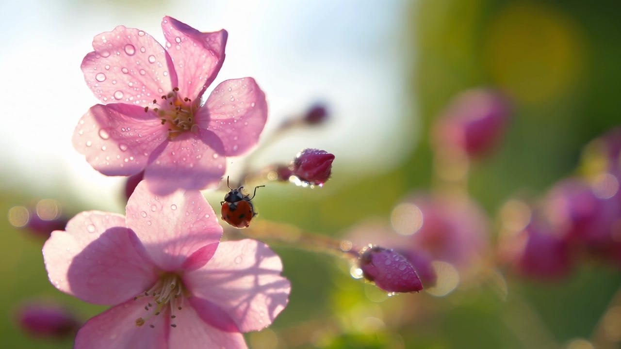 Marihøne som kryper på en rosa blomst med vanndråper