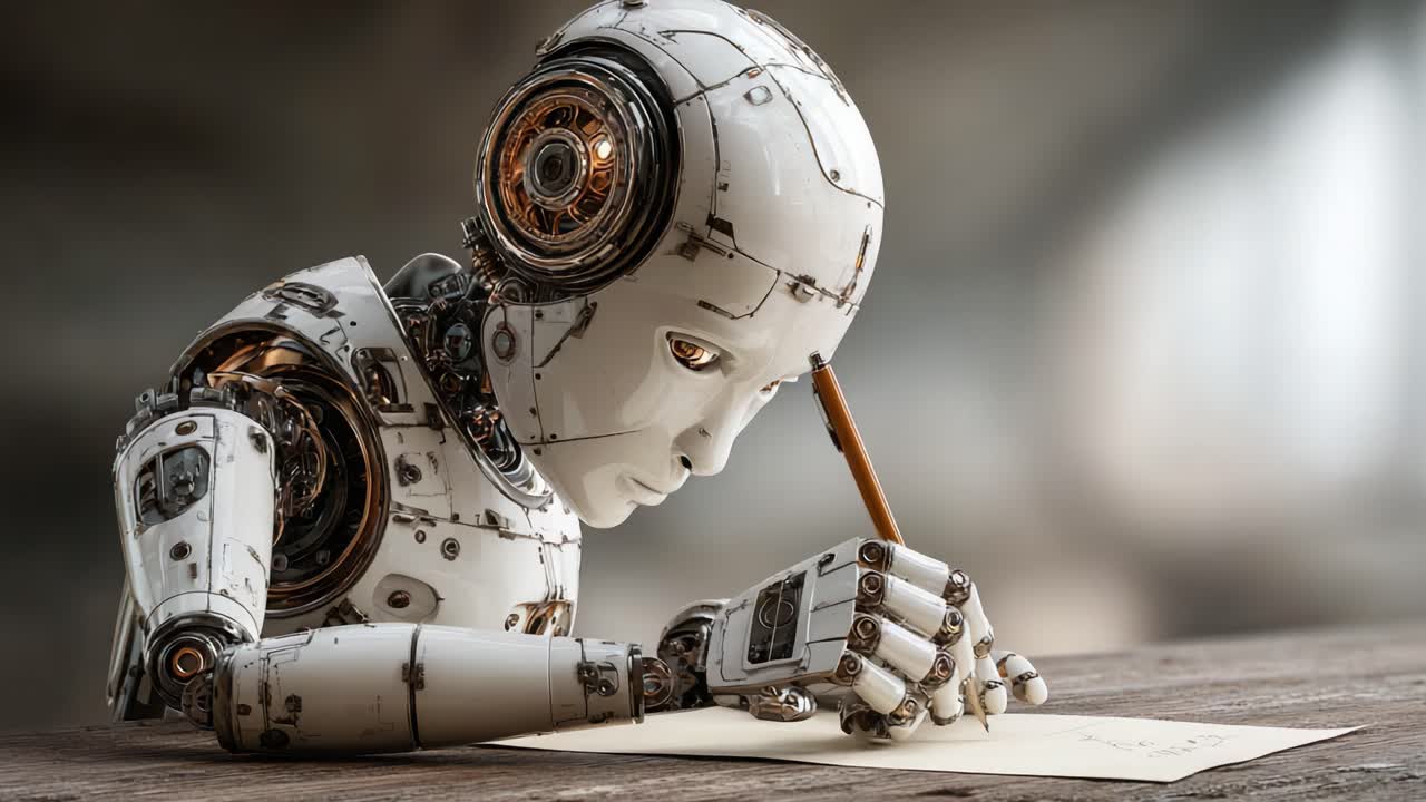 Un robot futuristico intento a scrivere, mettendo in mostra tecnologia avanzata ed espressione simile a quella umana, catturando l'intersezione tra arte e intelligenza artificiale.