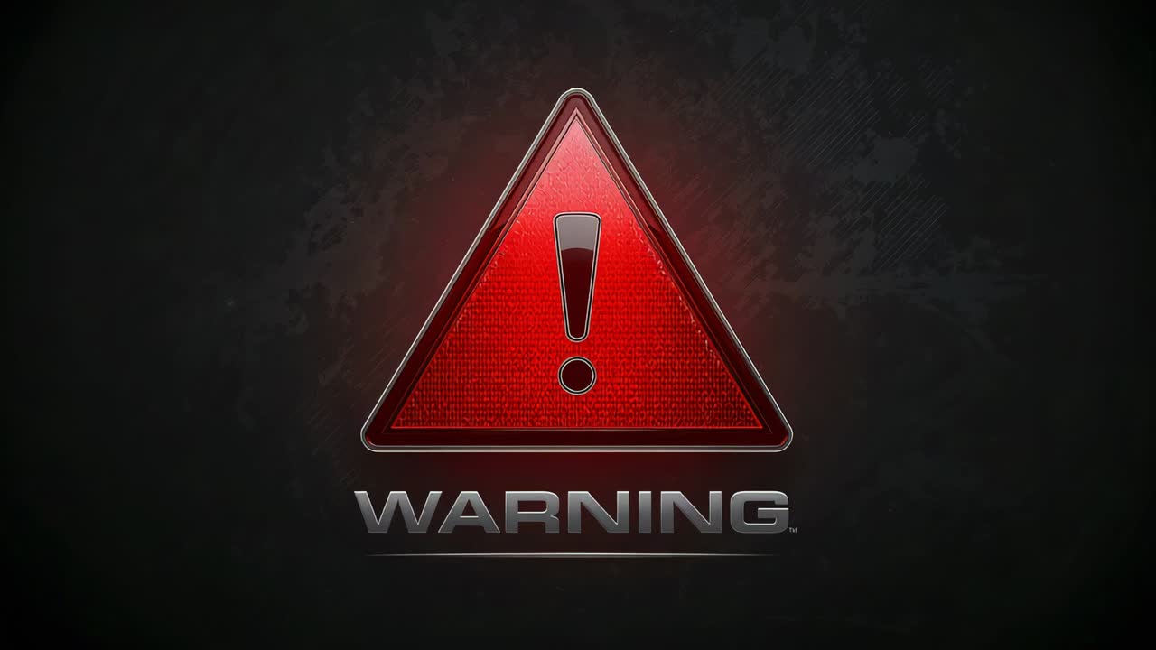Pulsing red triangle emblem, exclamation and WARNING text at dark backdrop, loop starting alerting