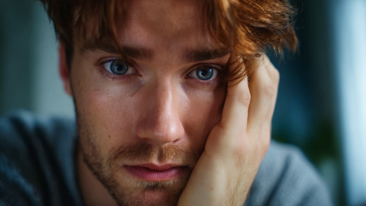 Un giovane uomo pensieroso riflette profondamente sui suoi pensieri, enfatizzando le emozioni attraverso un intenso contatto visivo ed espressioni contemplative in un ritratto ravvicinato