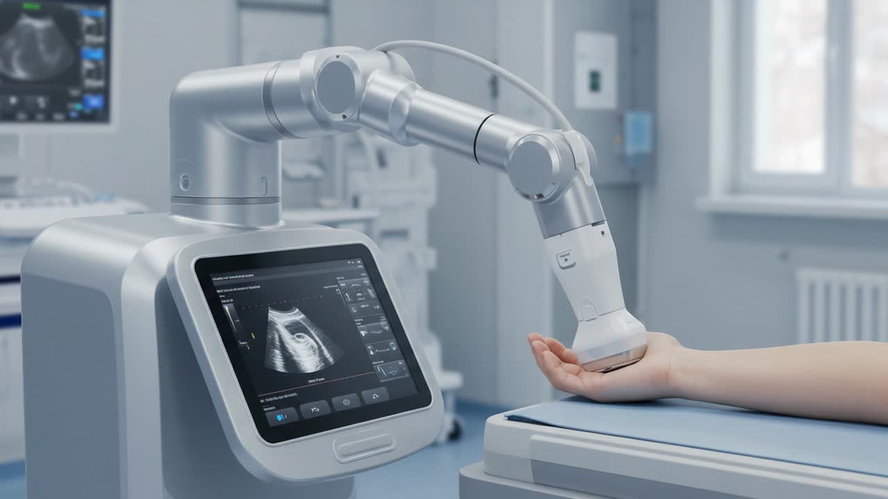 Advanced Medical Robotics: Precision Ultrasound Technology Assisting in A Patient Examination with Robotic Arm and Diagnostic Display
