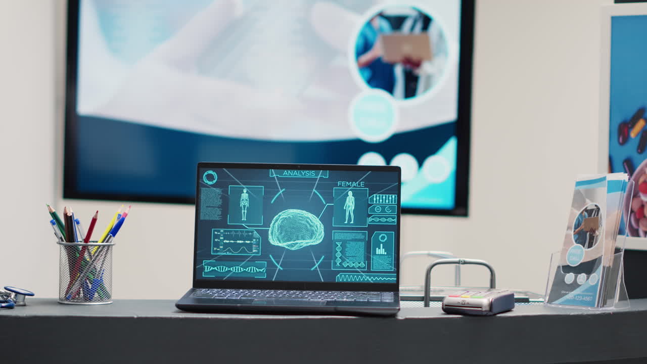 Registration desk with brain on laptop