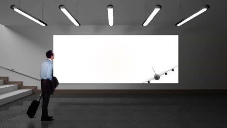 businessman looking at a screen showing a plane flying