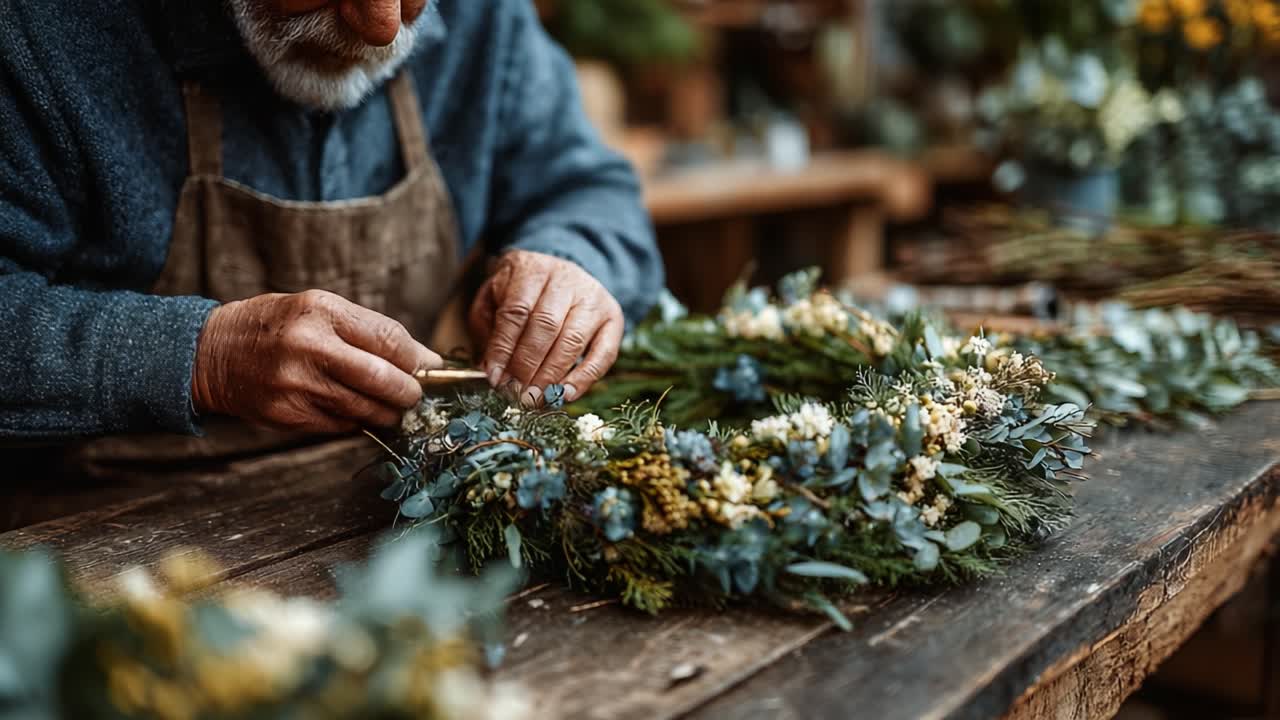 A Skilled Artisan Crafts a Beautiful Floral Wreath with Precision and Care, Showcasing the Art of Floral Arrangement and Natural Beauty in Every Detail