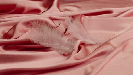pink silk fabric with white feathers