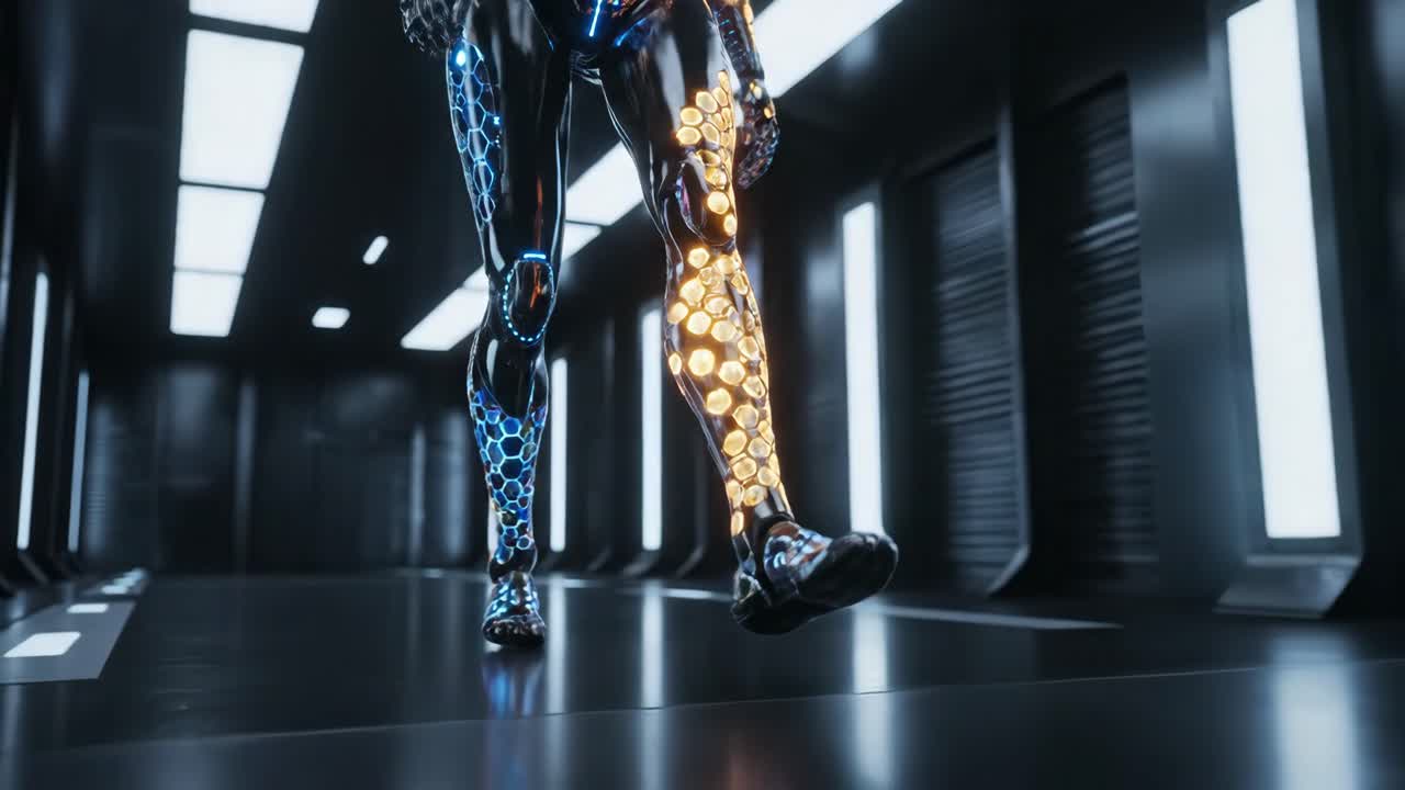 Futuristic Robot Walking in a Corridor