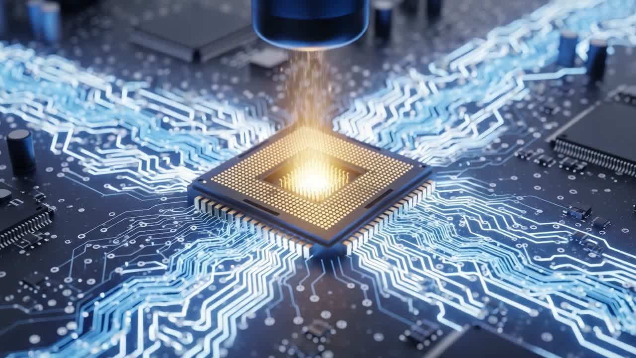 Innovative Quantum Processing: Showcasing a Central Processing Unit (CPU) with High-Voltage Sparks and Neon Circuit Paths in an Advanced Computing Setup